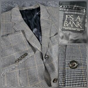 Jos A Bank Blazer 44R Beige Black Houndstooth Check Silk Wool Sport Coat Jacket
